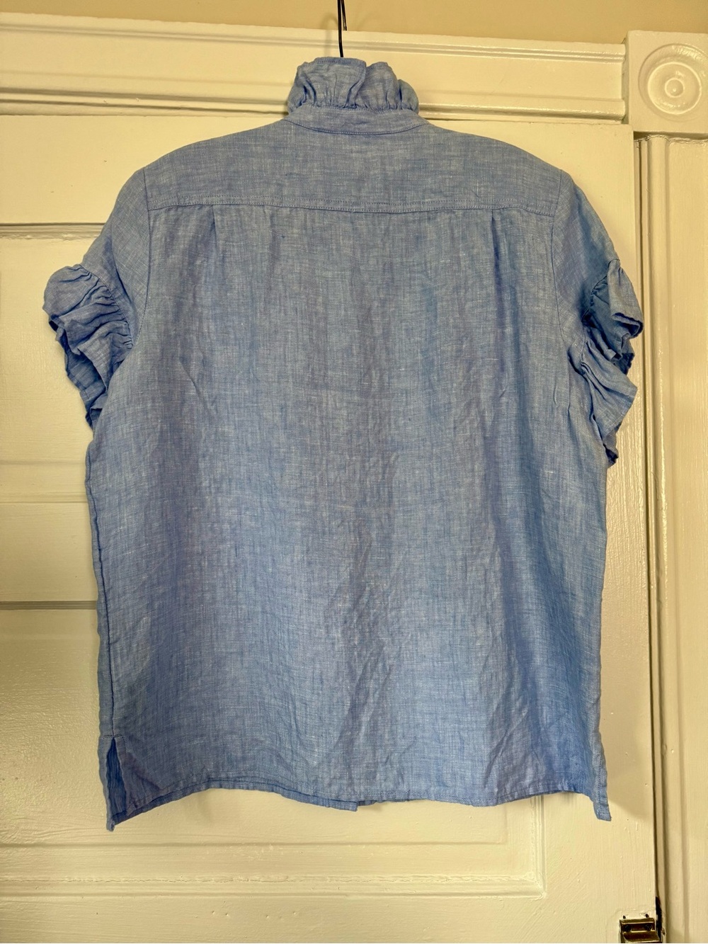 J. Crew Linen Blue Ruffle-Neck Button Shirt - Picture 3 of 4